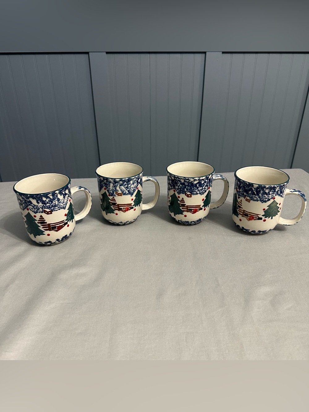 Tienshan Folkcraft Cabin in the Snow Coffee Mugs Set of 4 Blue Sponge Winter